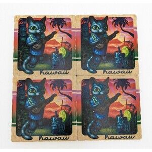 4 Hula Cat Musician Ukulele Coasters Aloha Tiki Party Hawaii Ceramic Brad Parker
